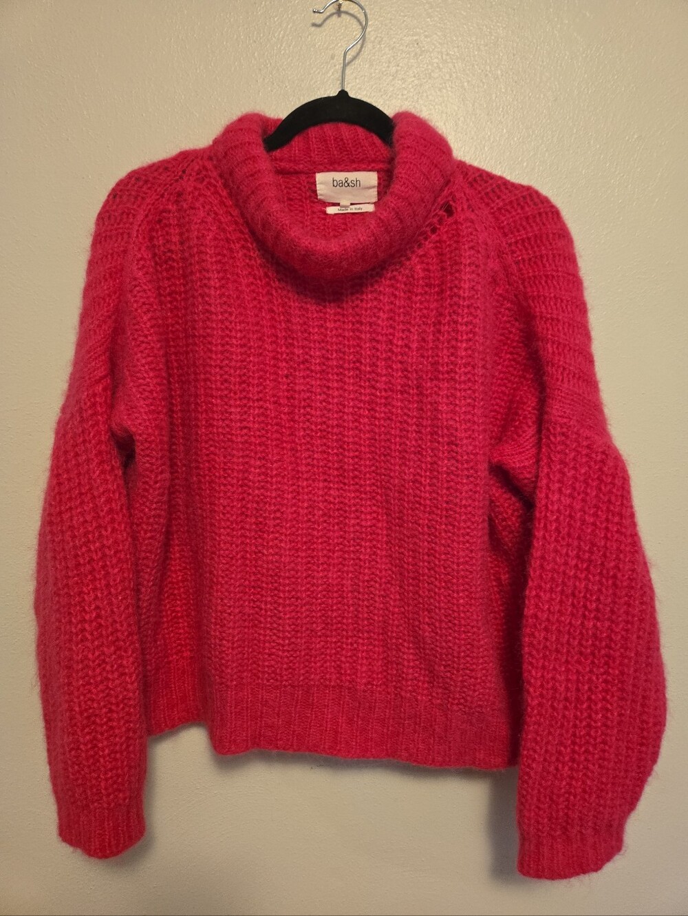 ba&sh Lady Pullover Cropped Mockneck Fuzzy Hot Pink Sweater S